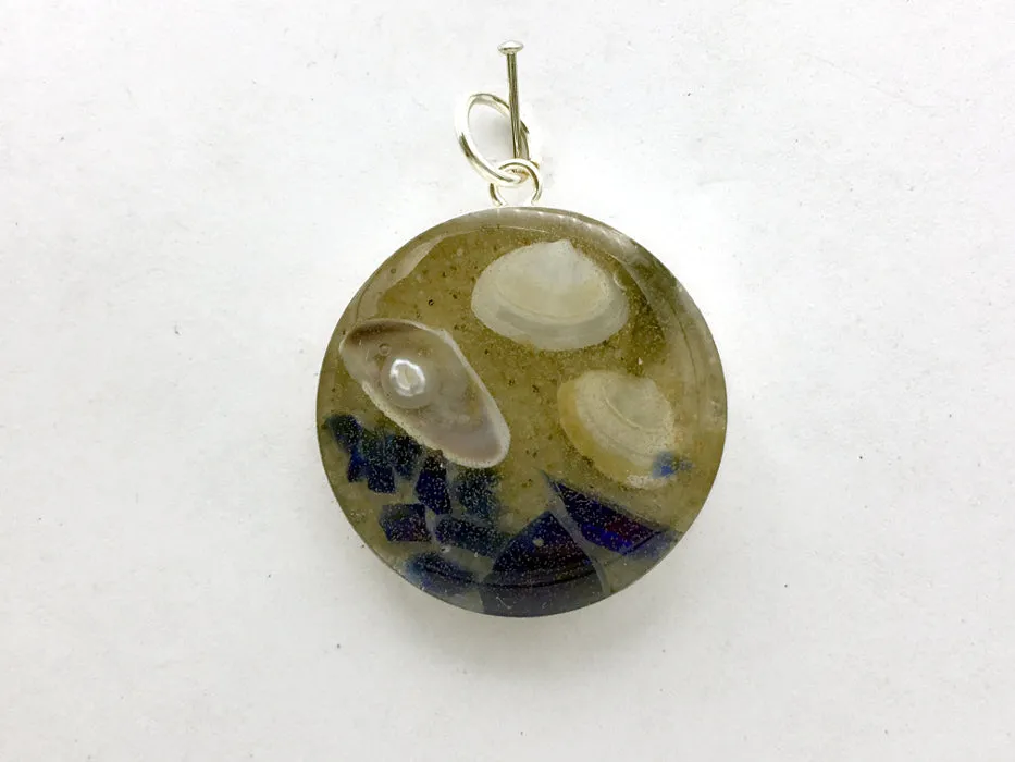 Sterling silver 25mm Round Pendant with Shells, Sand, Sea glass, freshwater pearl, Surf City New Jersey Division Street Beach