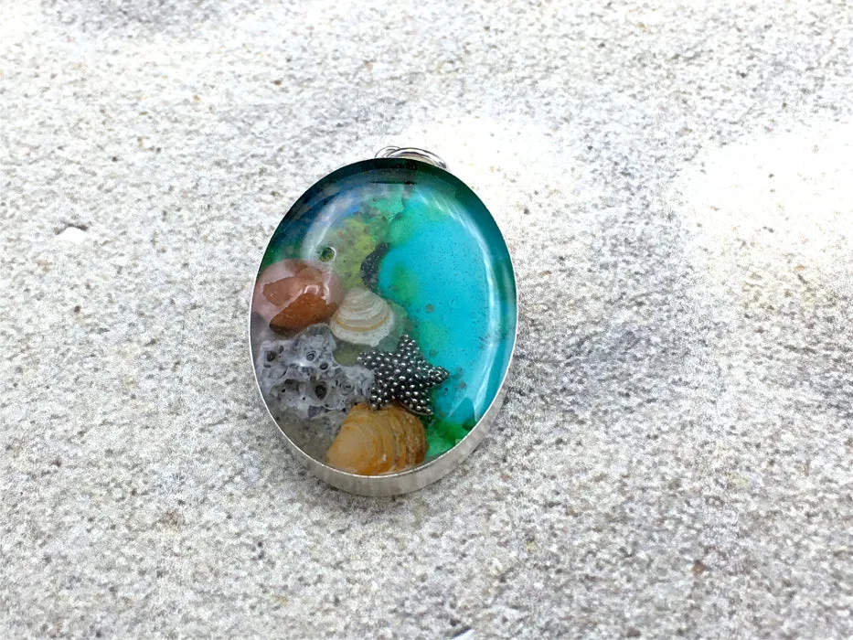 Sterling silver 30mmx 22mm Oval Pendant with Shell, Shells, starfish, Sea glass,  Beach Haven, Taylor Ave, LBI New Jersey shore, tide pool,  alcohol ink art,  beach comber