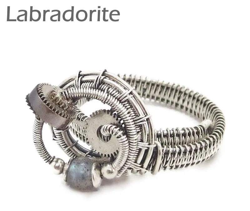 Sterling Silver Adjustable Steampunk Ring with Custom Gemstone