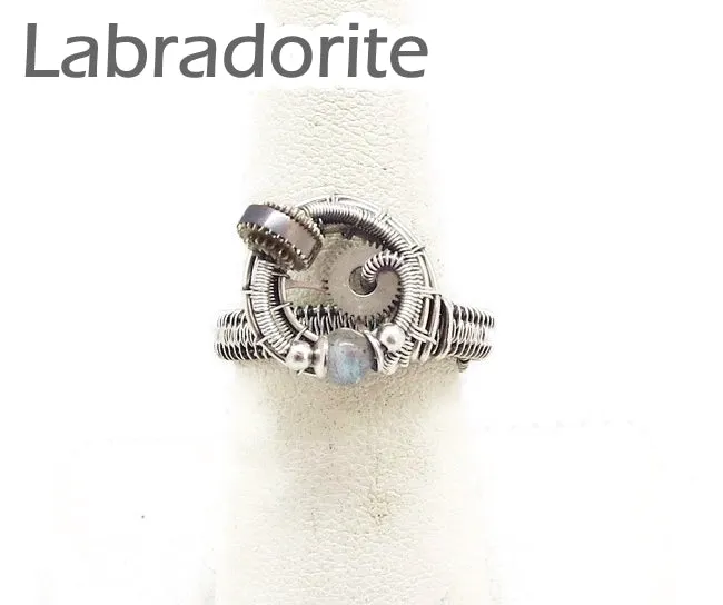 Sterling Silver Adjustable Steampunk Ring with Custom Gemstone