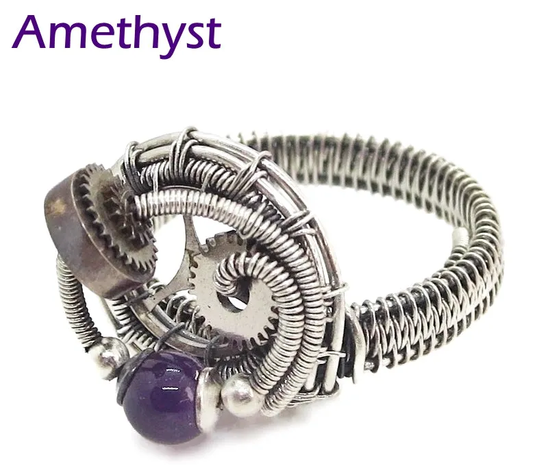 Sterling Silver Adjustable Steampunk Ring with Custom Gemstone