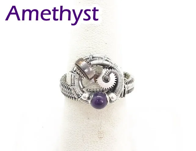 Sterling Silver Adjustable Steampunk Ring with Custom Gemstone