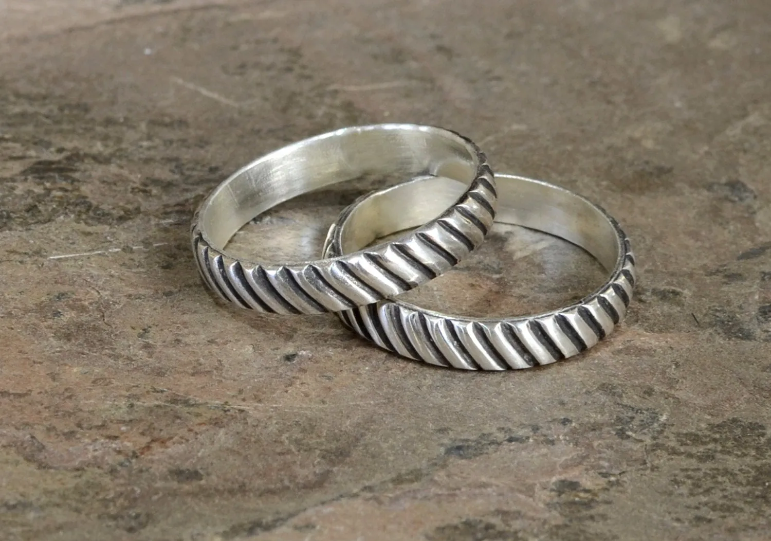 Sterling Silver Couples Ring Set in Sterling Silver with Interlocking Gear Design