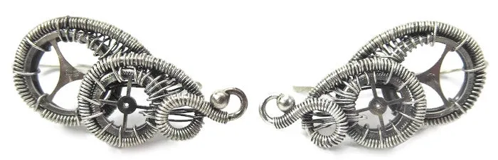Sterling Silver Steampunk Ear Pins; "Rolling Wave" Model