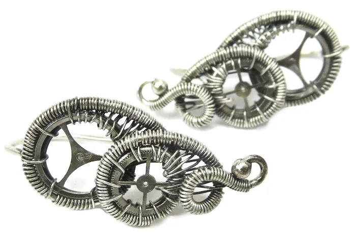 Sterling Silver Steampunk Ear Pins; "Rolling Wave" Model
