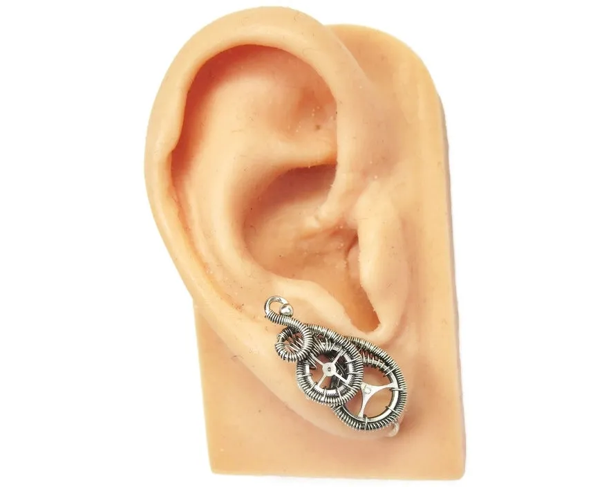Sterling Silver Steampunk Ear Pins; "Rolling Wave" Model