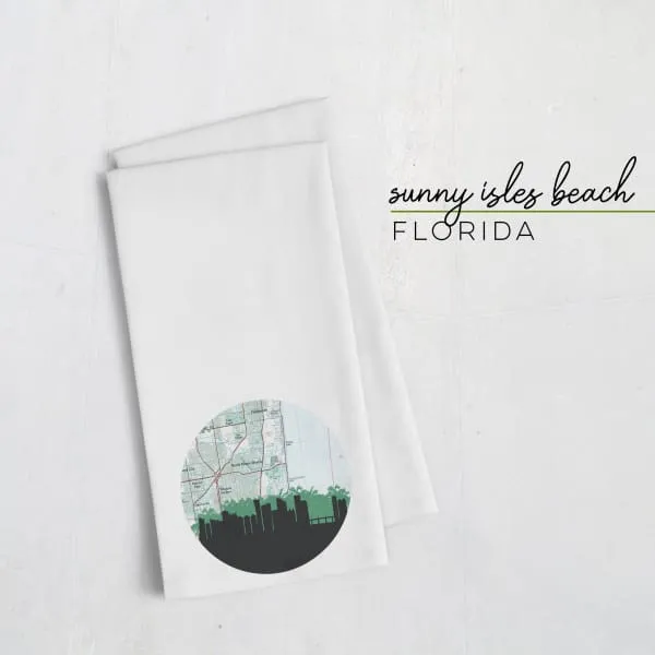 Sunny Isles Beach, Florida city skyline with vintage Sunny Isles Beach map