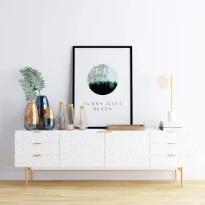 Sunny Isles Beach, Florida city skyline with vintage Sunny Isles Beach map