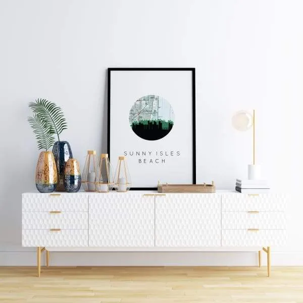 Sunny Isles Beach, Florida city skyline with vintage Sunny Isles Beach map