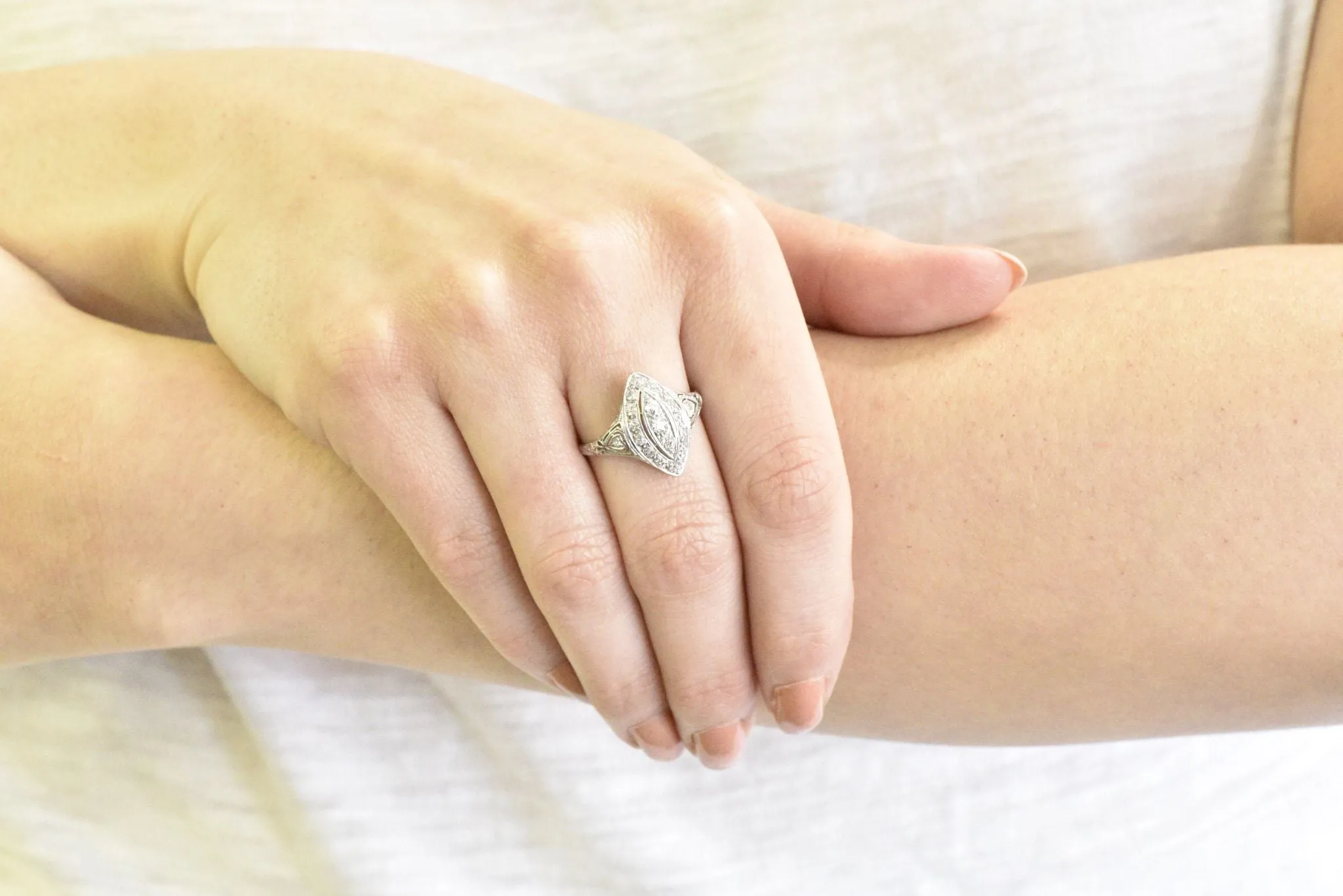 Sweet .40 Ctw Diamond & Platinum Art Deco Navette Ring