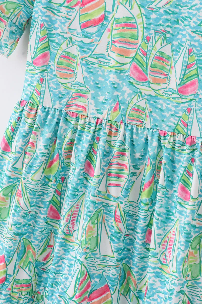 Teal Sailboat Serenity Print Mom&me Tiered Dress