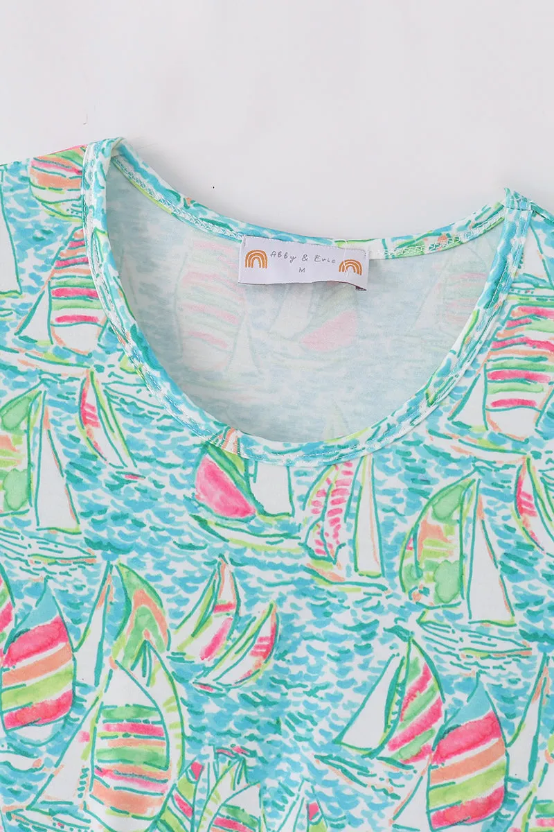 Teal Sailboat Serenity Print Mom&me Tiered Dress