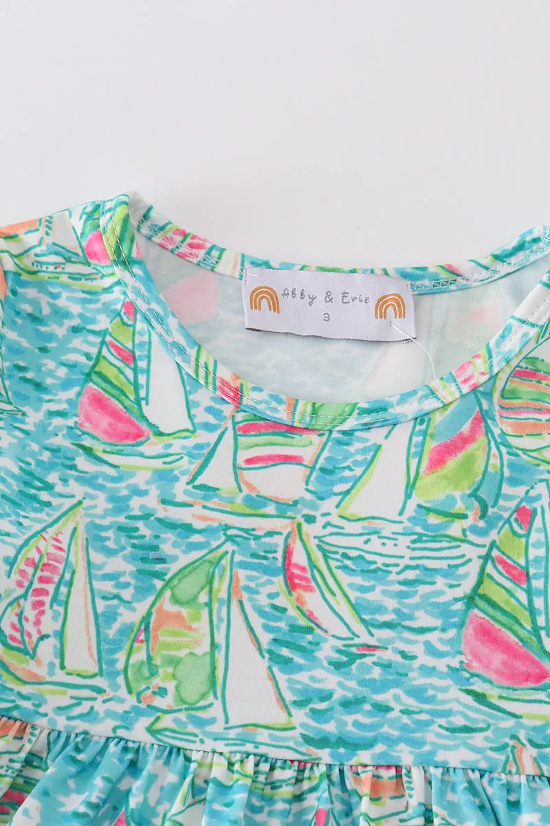 Teal Sailboat Serenity Print Mom&me Tiered Dress