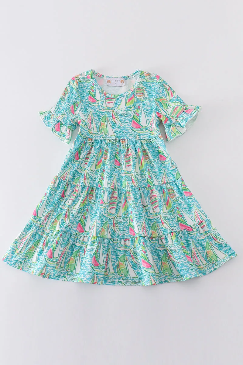 Teal Sailboat Serenity Print Mom&me Tiered Dress
