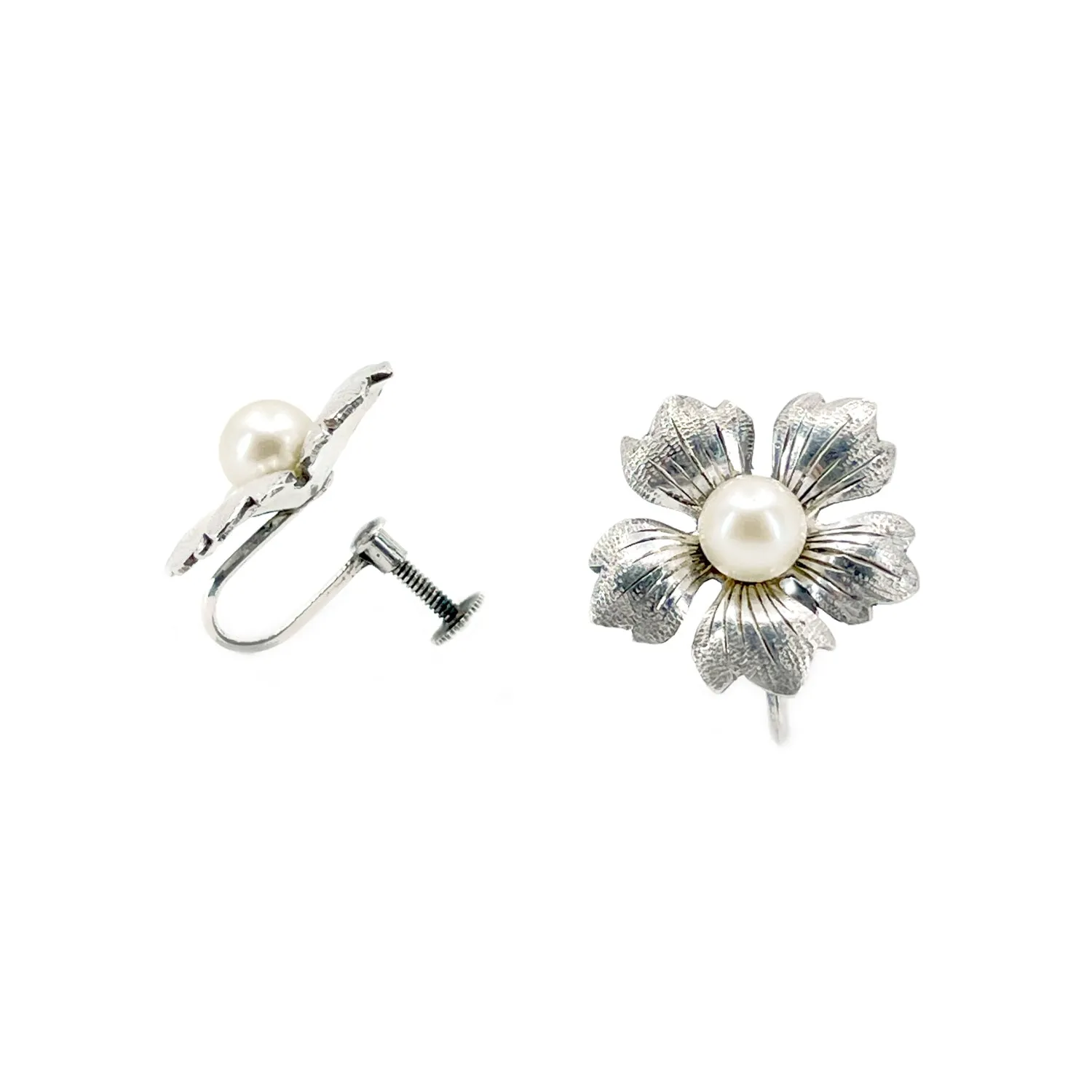 Textured Cherry Blossom Akoya Saltwater Cultured Pearl Vintage Screwback Earrings- Sterling Silver