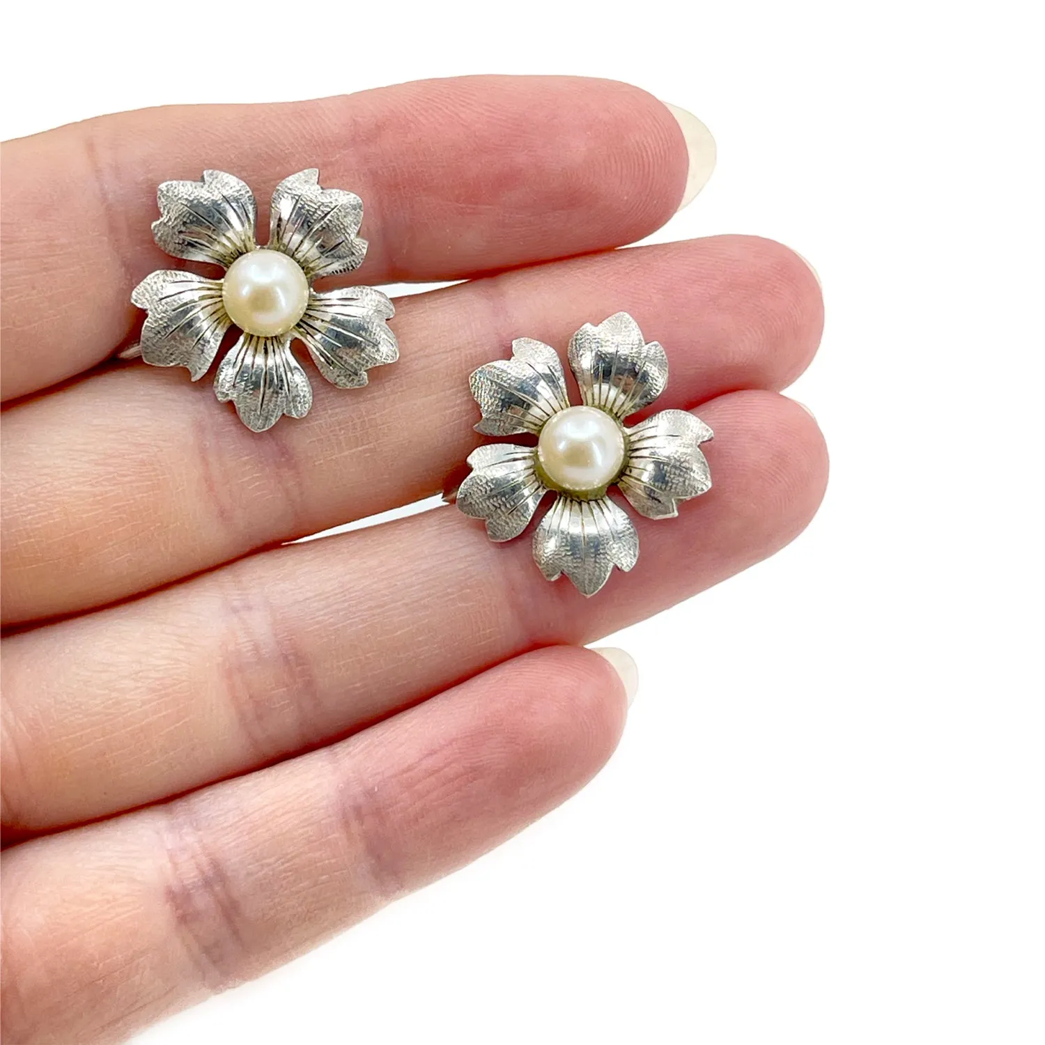 Textured Cherry Blossom Akoya Saltwater Cultured Pearl Vintage Screwback Earrings- Sterling Silver