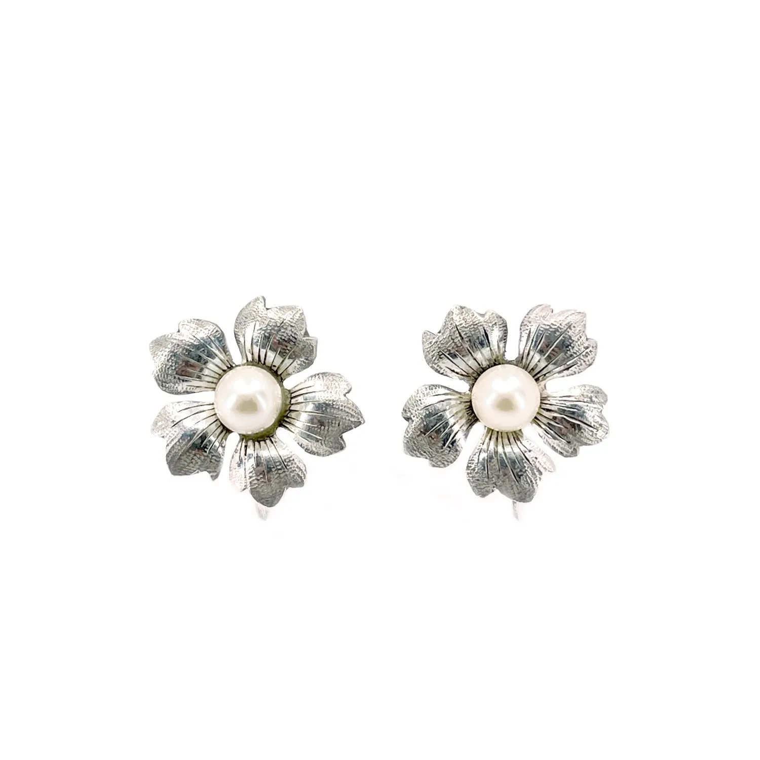 Textured Cherry Blossom Akoya Saltwater Cultured Pearl Vintage Screwback Earrings- Sterling Silver