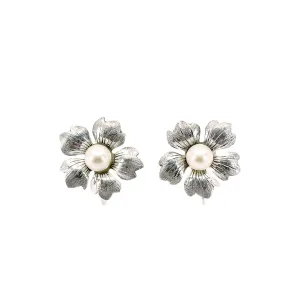 Textured Cherry Blossom Akoya Saltwater Cultured Pearl Vintage Screwback Earrings- Sterling Silver