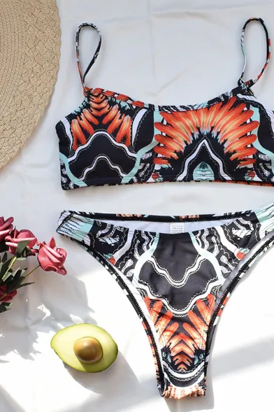 TRIBAL PRINT SCOOP NECK BIKINI SET