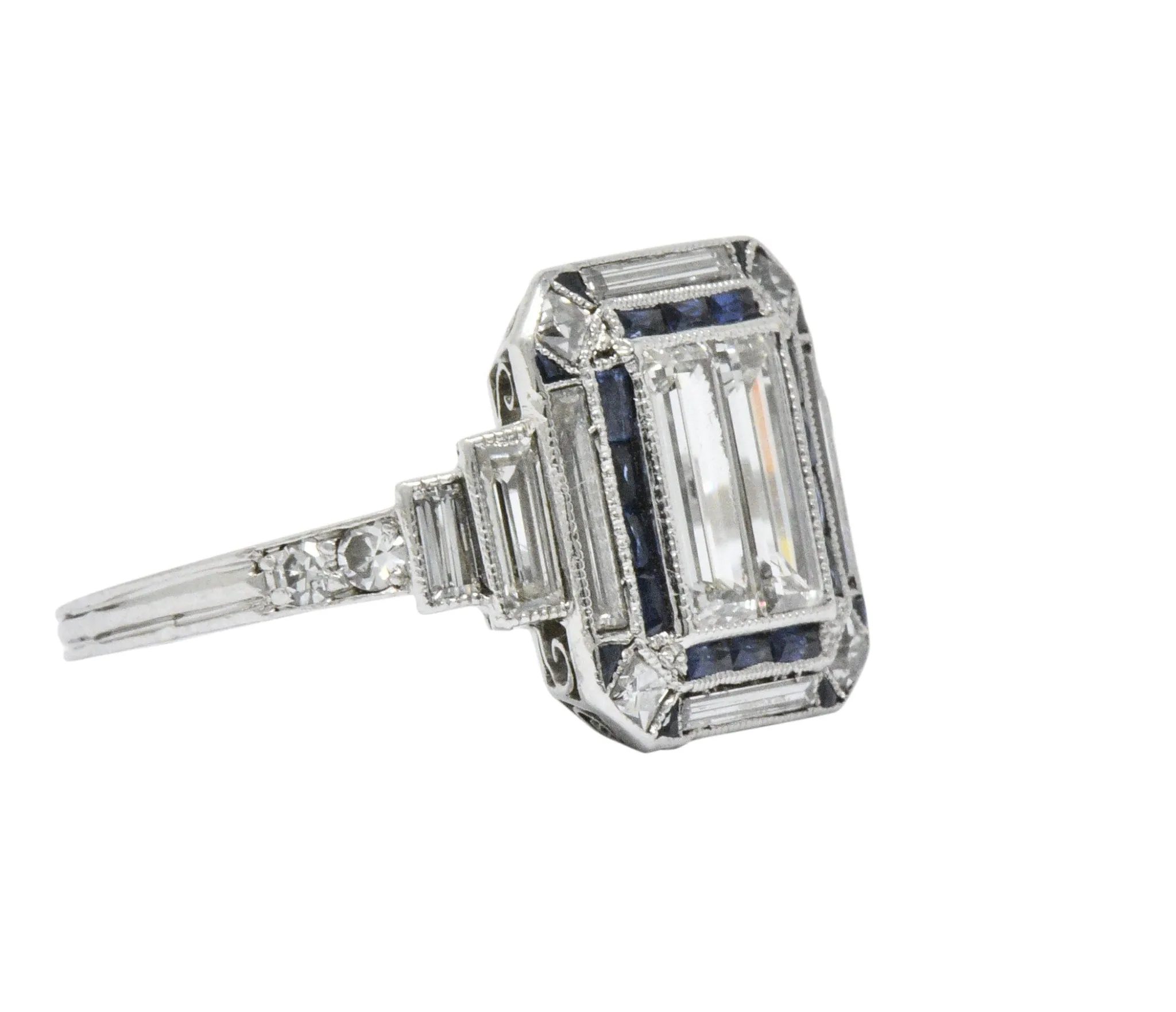 Unique Art Deco 2.90 CTW Diamond Sapphire Platinum Engagement Ring