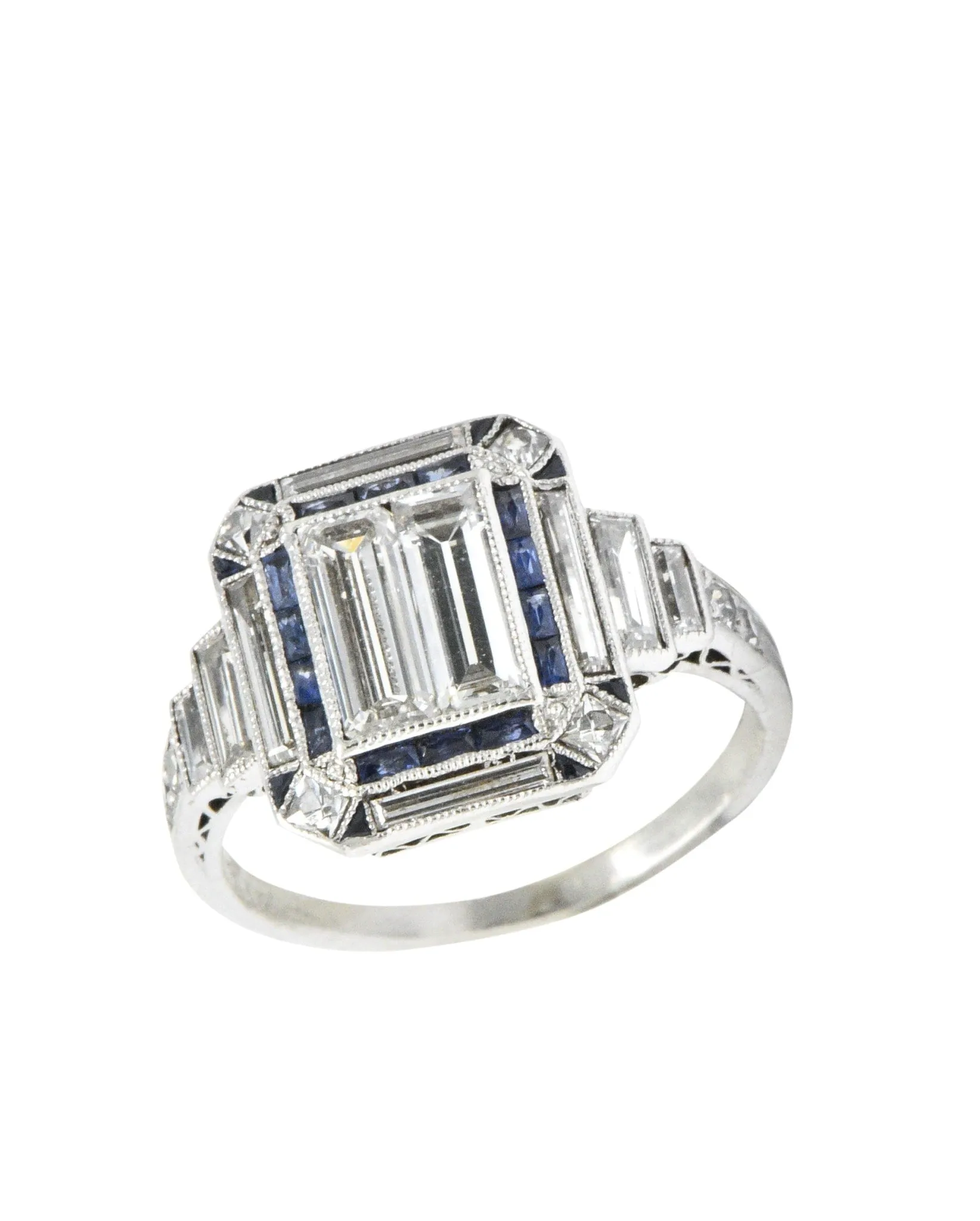 Unique Art Deco 2.90 CTW Diamond Sapphire Platinum Engagement Ring