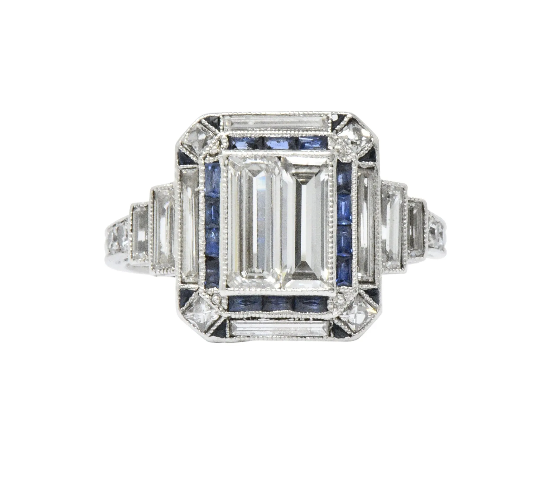 Unique Art Deco 2.90 CTW Diamond Sapphire Platinum Engagement Ring