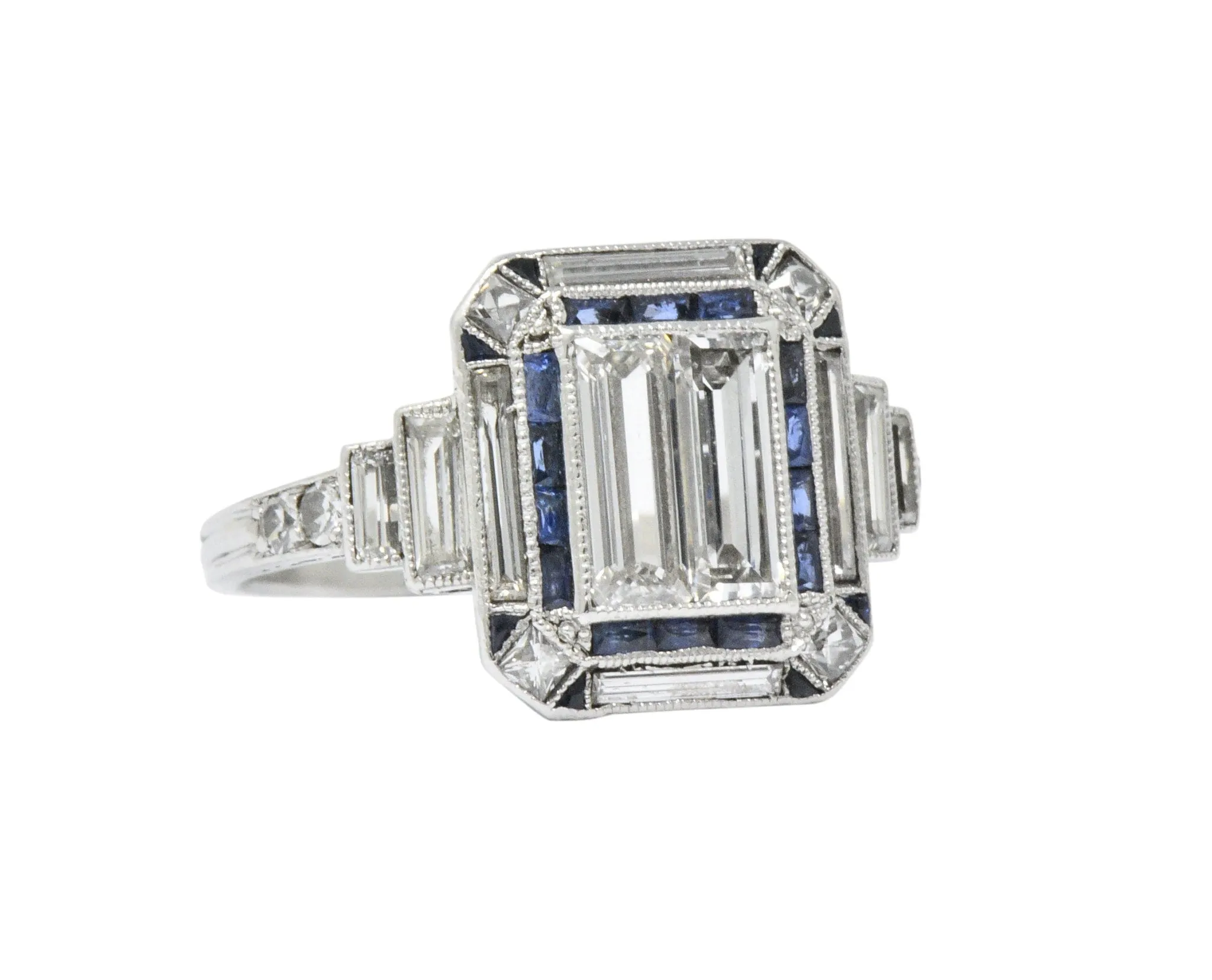 Unique Art Deco 2.90 CTW Diamond Sapphire Platinum Engagement Ring