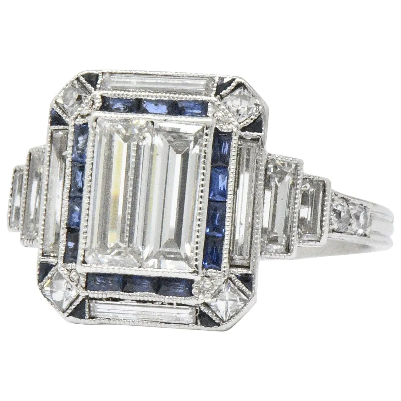 Unique Art Deco 2.90 CTW Diamond Sapphire Platinum Engagement Ring