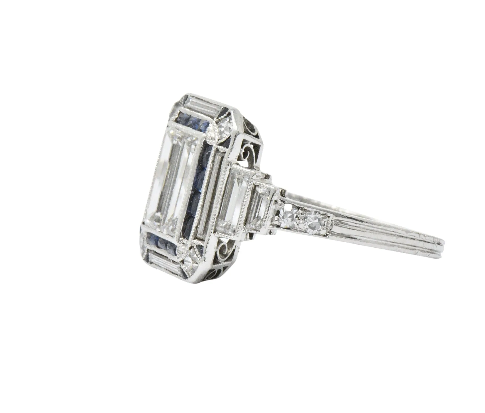 Unique Art Deco 2.90 CTW Diamond Sapphire Platinum Engagement Ring