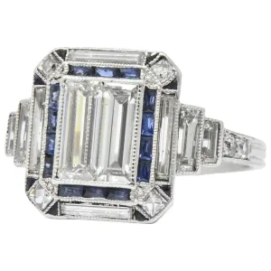 Unique Art Deco 2.90 CTW Diamond Sapphire Platinum Engagement Ring