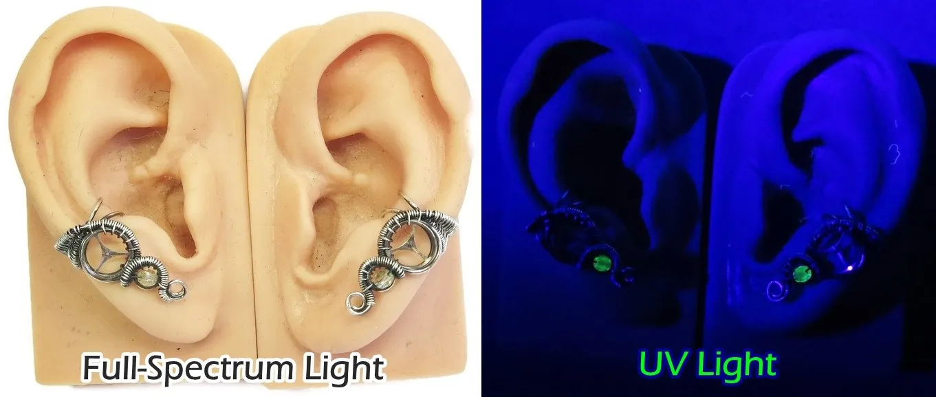 Uranium Glass & Antiqued Sterling Silver Steampunk Ear Cuff