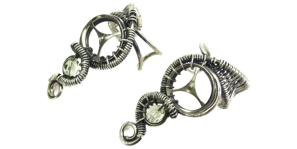 Uranium Glass & Antiqued Sterling Silver Steampunk Ear Cuff