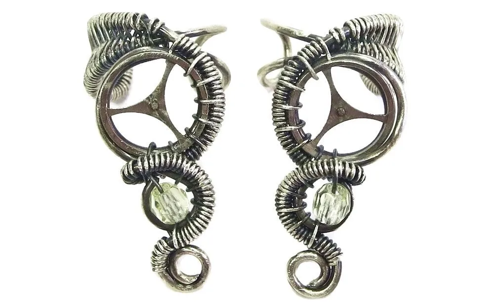 Uranium Glass & Antiqued Sterling Silver Steampunk Ear Cuff