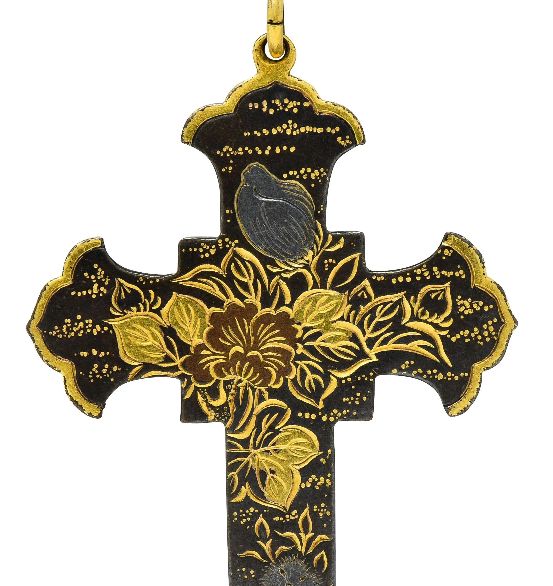 Victorian Japanese Yellow Gold Shibuichi Copper Silver Shakudo Pheasant Floral Antique Cross Pendant