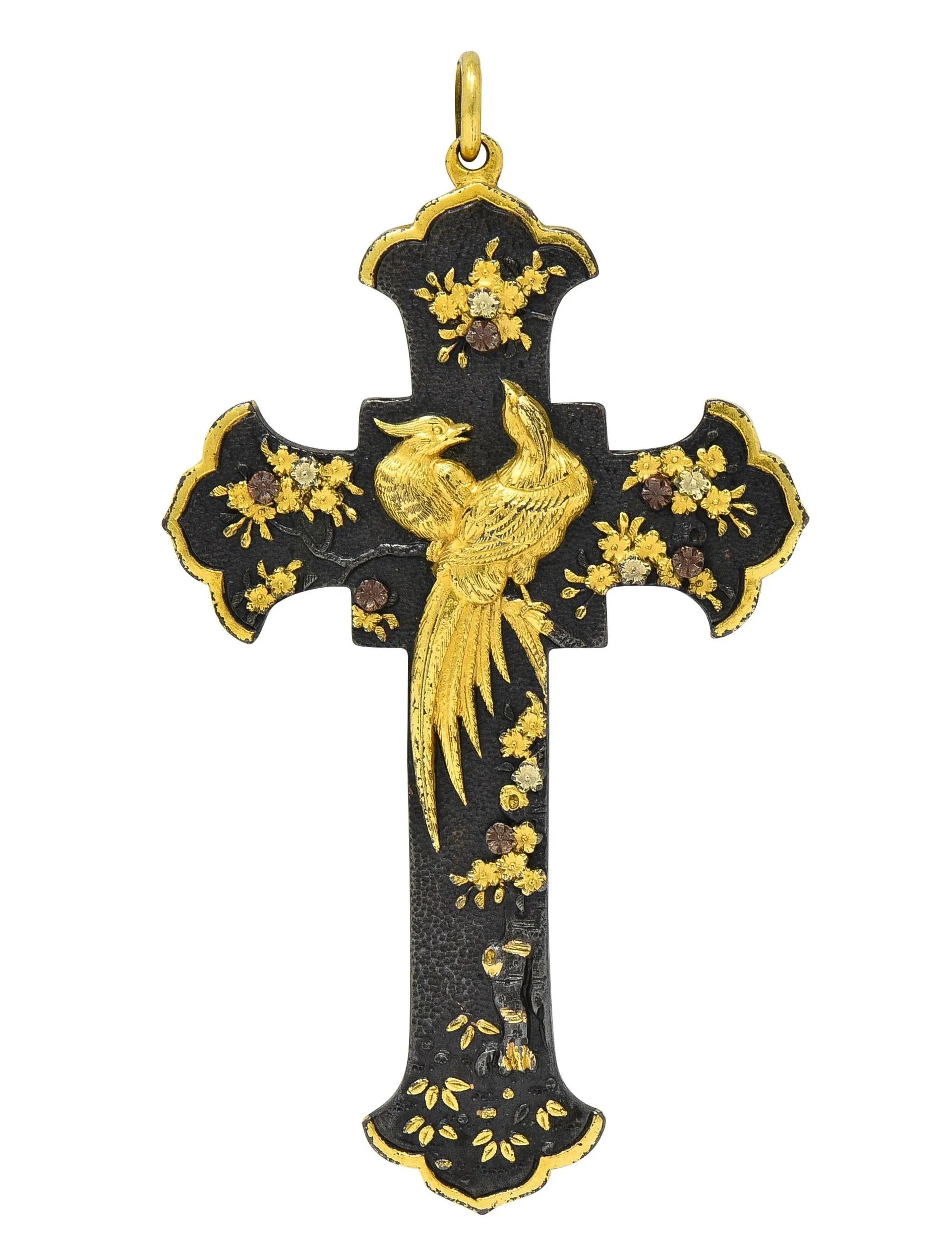 Victorian Japanese Yellow Gold Shibuichi Copper Silver Shakudo Pheasant Floral Antique Cross Pendant