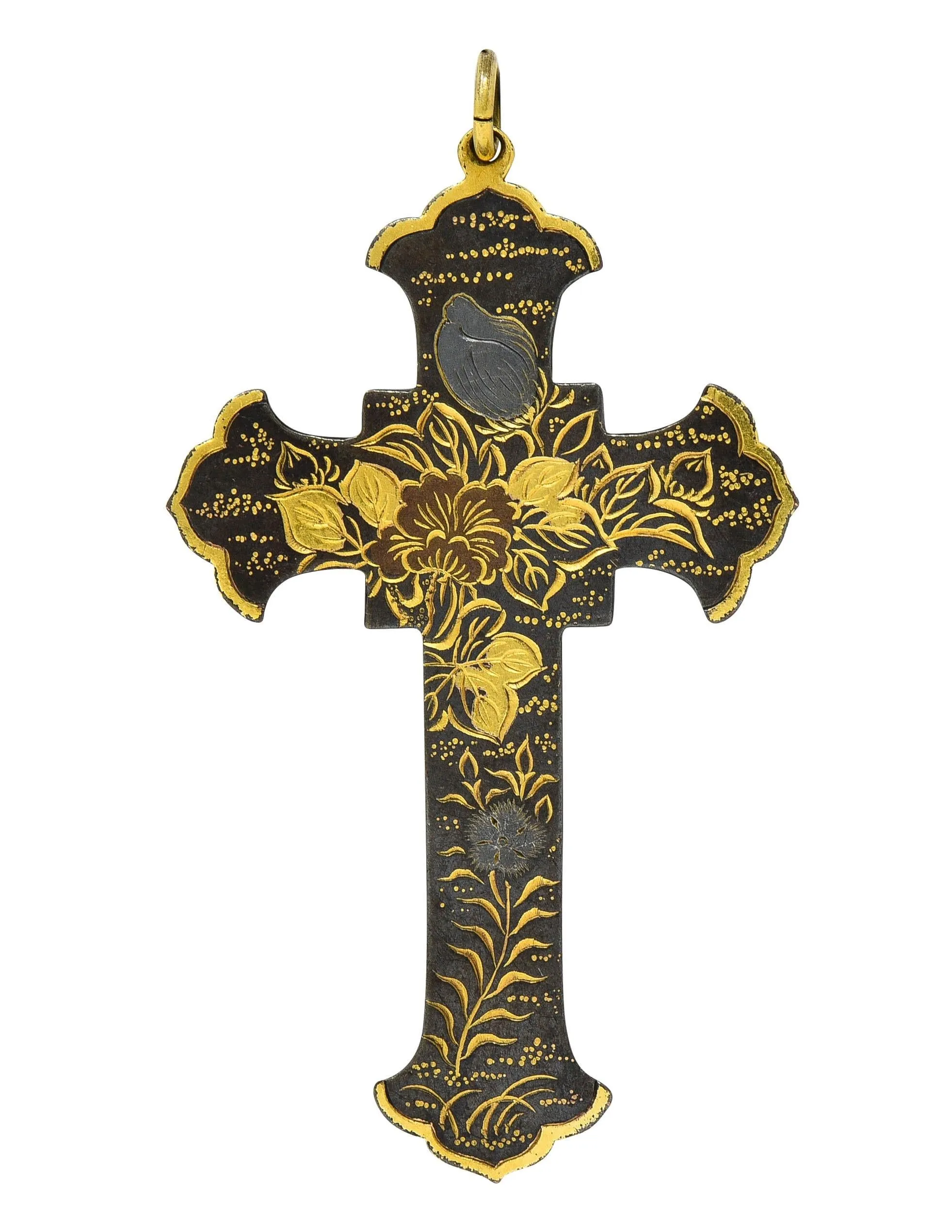 Victorian Japanese Yellow Gold Shibuichi Copper Silver Shakudo Pheasant Floral Antique Cross Pendant