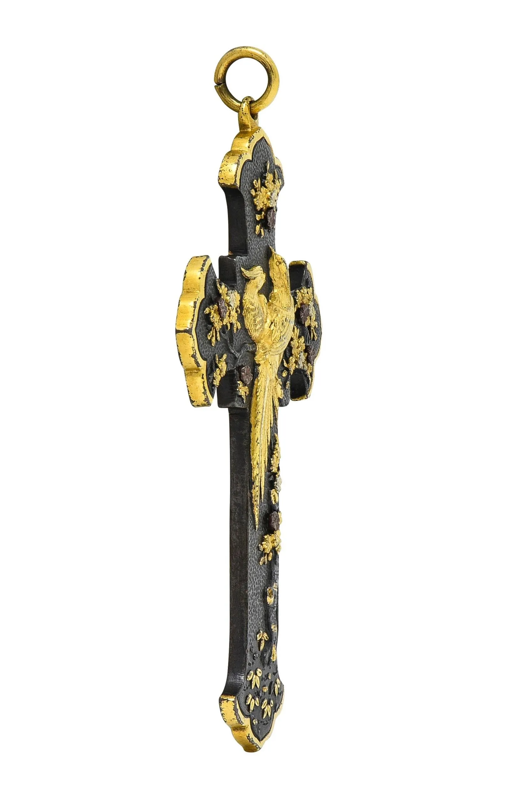 Victorian Japanese Yellow Gold Shibuichi Copper Silver Shakudo Pheasant Floral Antique Cross Pendant