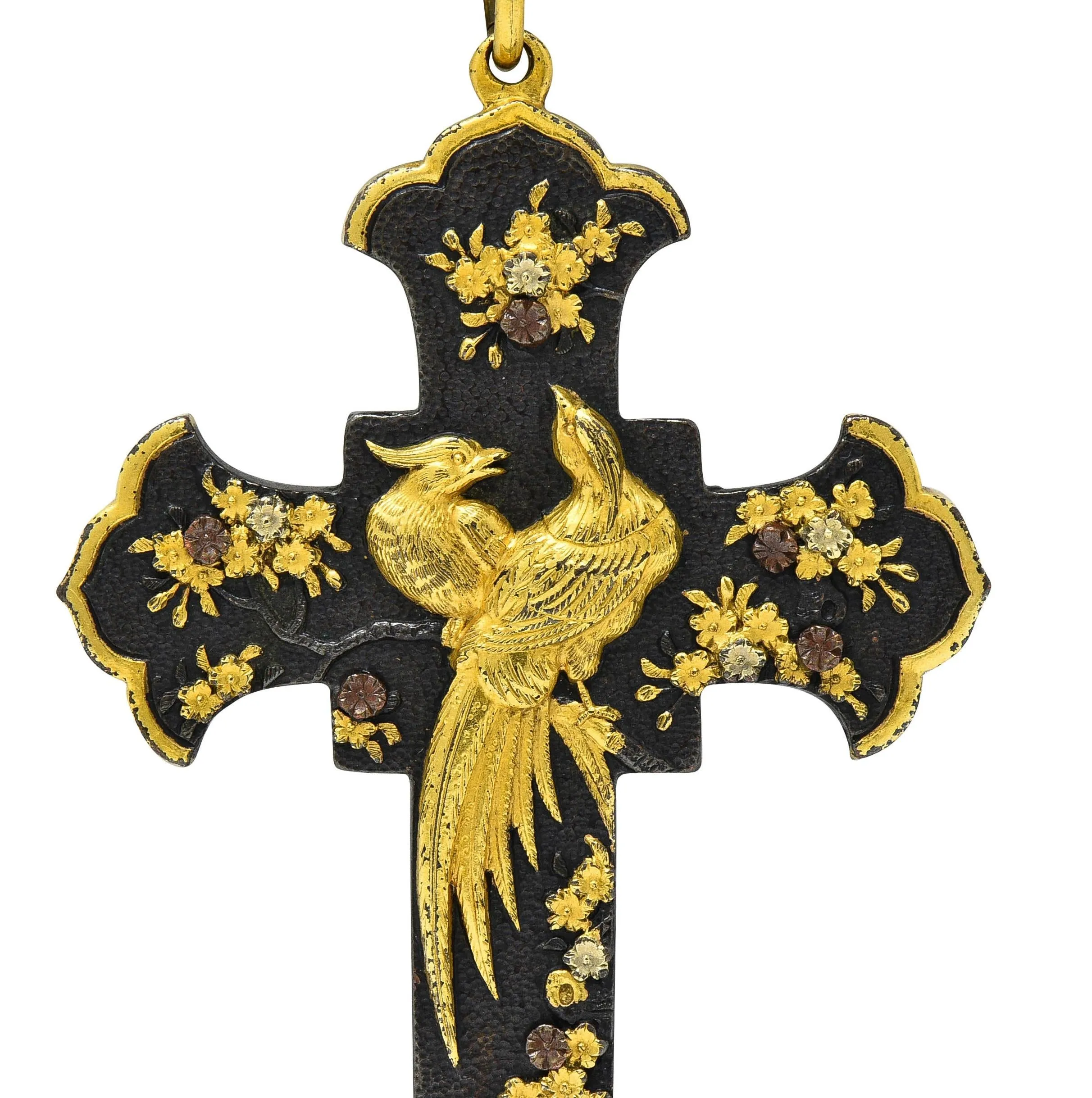 Victorian Japanese Yellow Gold Shibuichi Copper Silver Shakudo Pheasant Floral Antique Cross Pendant