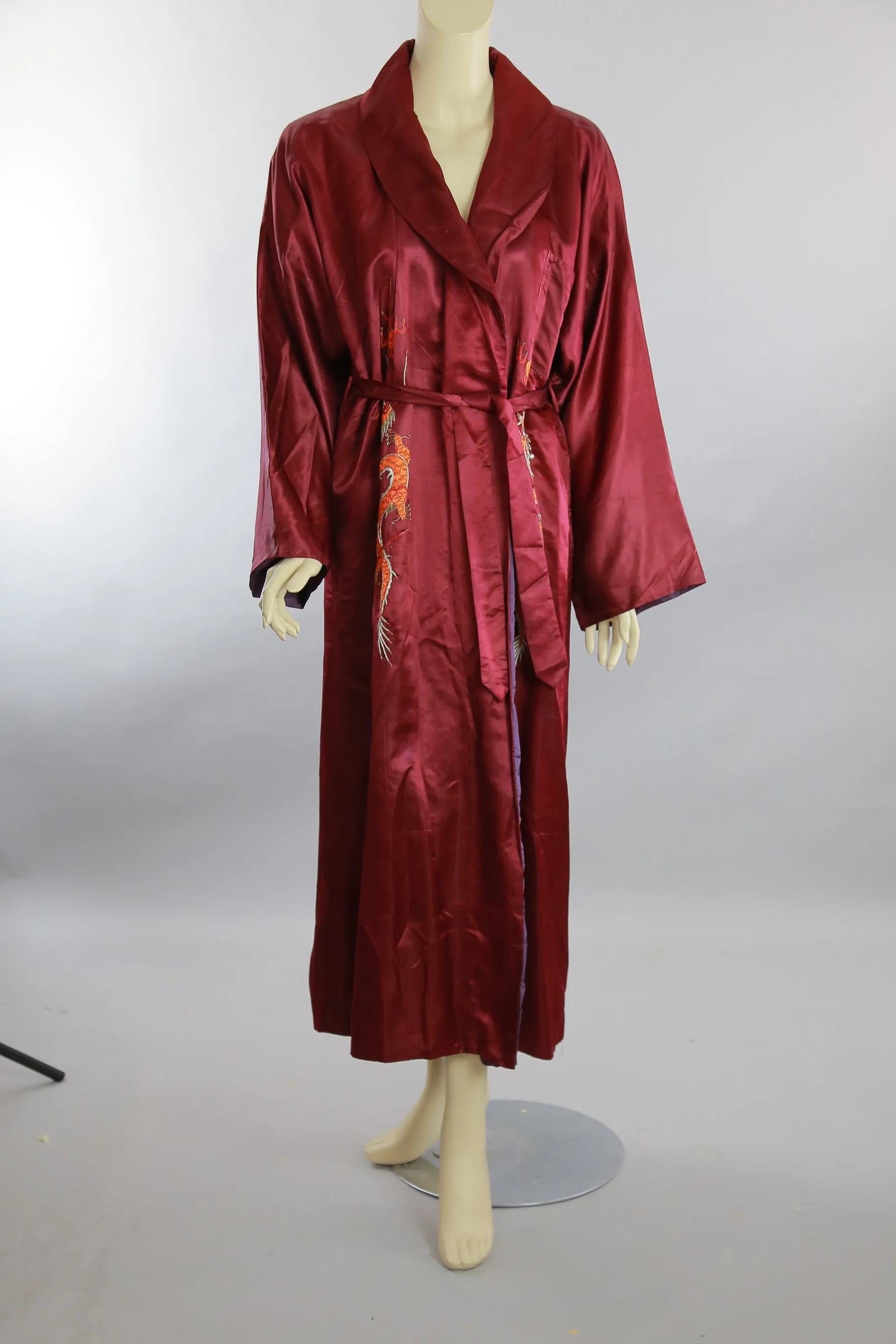 Vintage Asian silk kimono robe dragon embroidery dark red silk w gold metallic