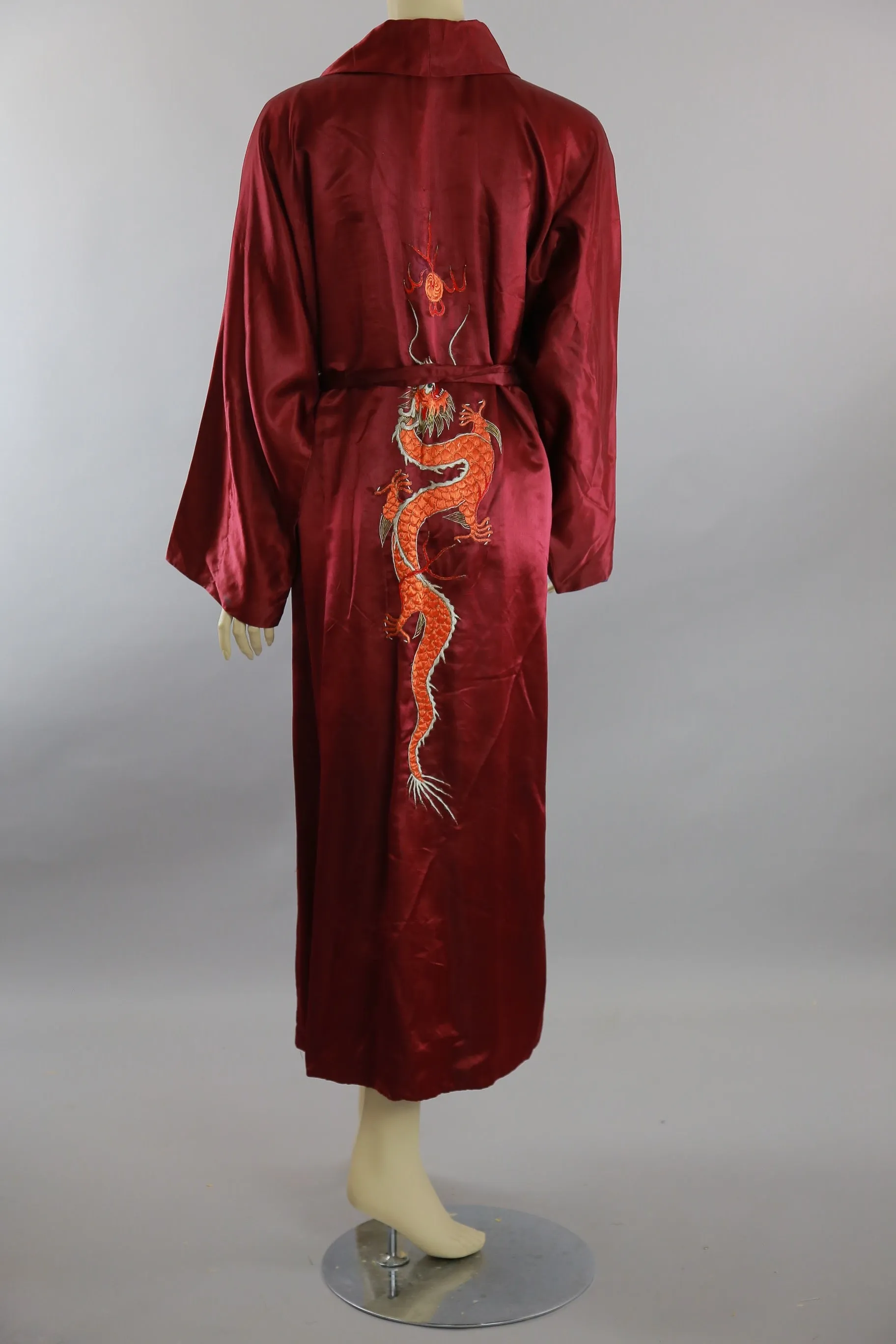 Vintage Asian silk kimono robe dragon embroidery dark red silk w gold metallic
