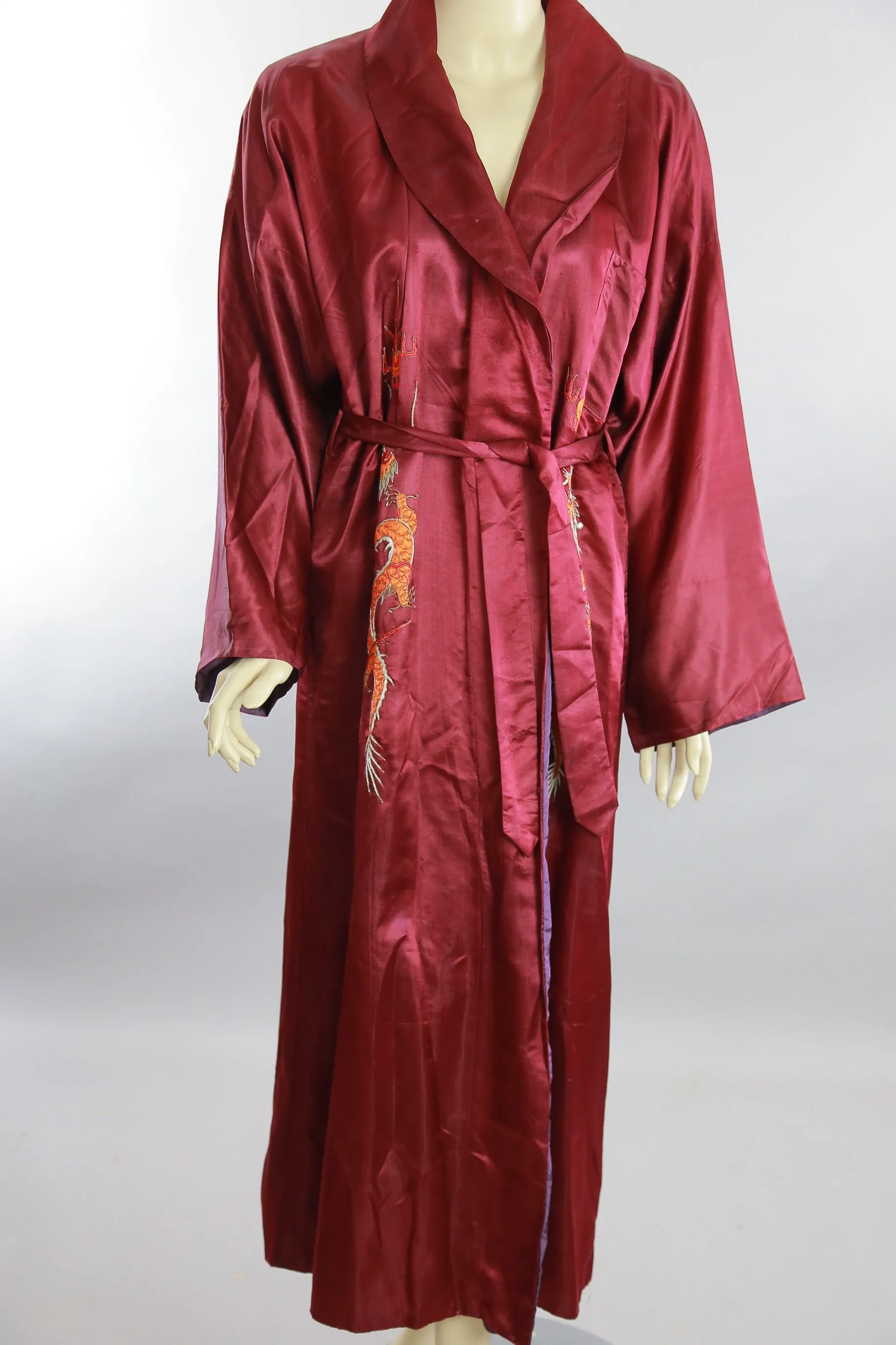 Vintage Asian silk kimono robe dragon embroidery dark red silk w gold metallic