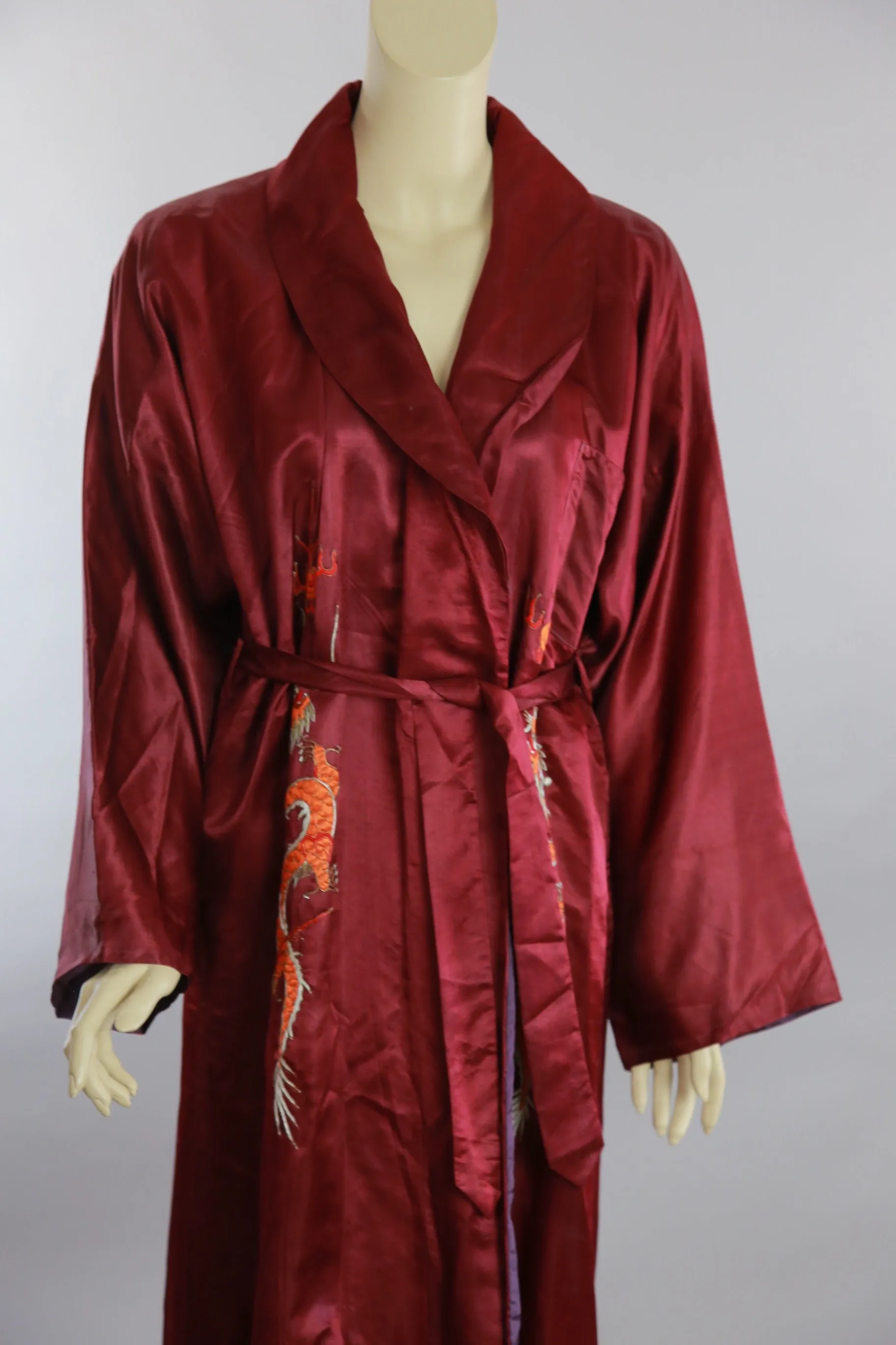 Vintage Asian silk kimono robe dragon embroidery dark red silk w gold metallic