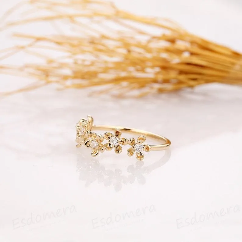 Vintage Floral Moissanite Ring 14K Yellow Gold Promise Ring For Her