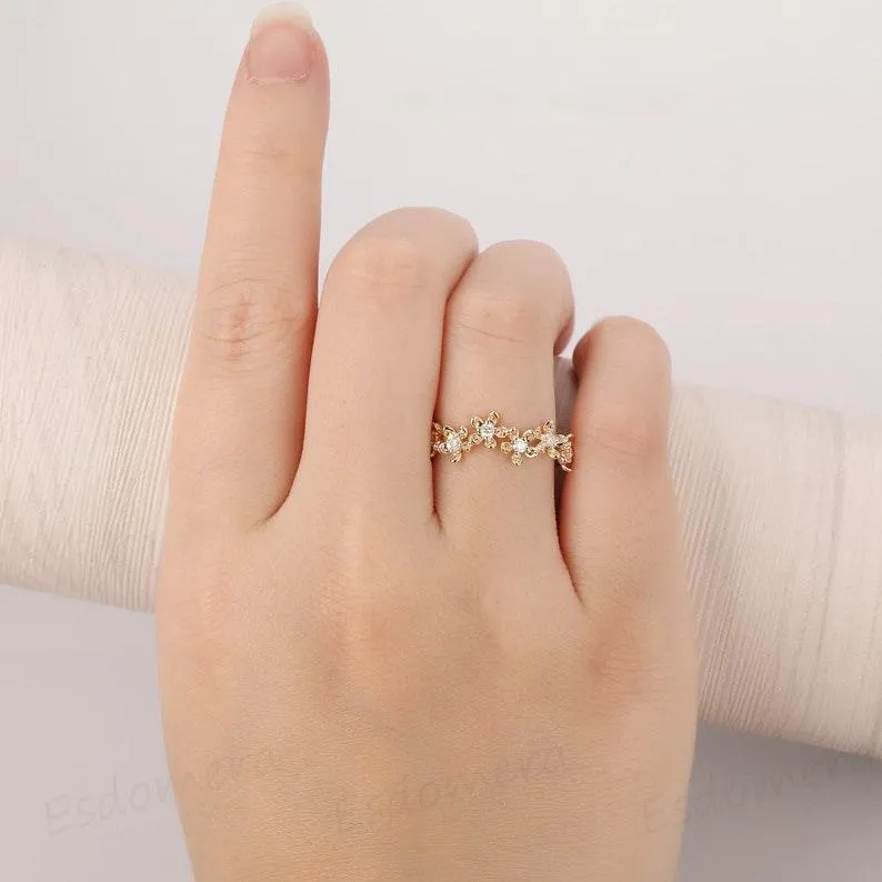 Vintage Floral Moissanite Ring 14K Yellow Gold Promise Ring For Her
