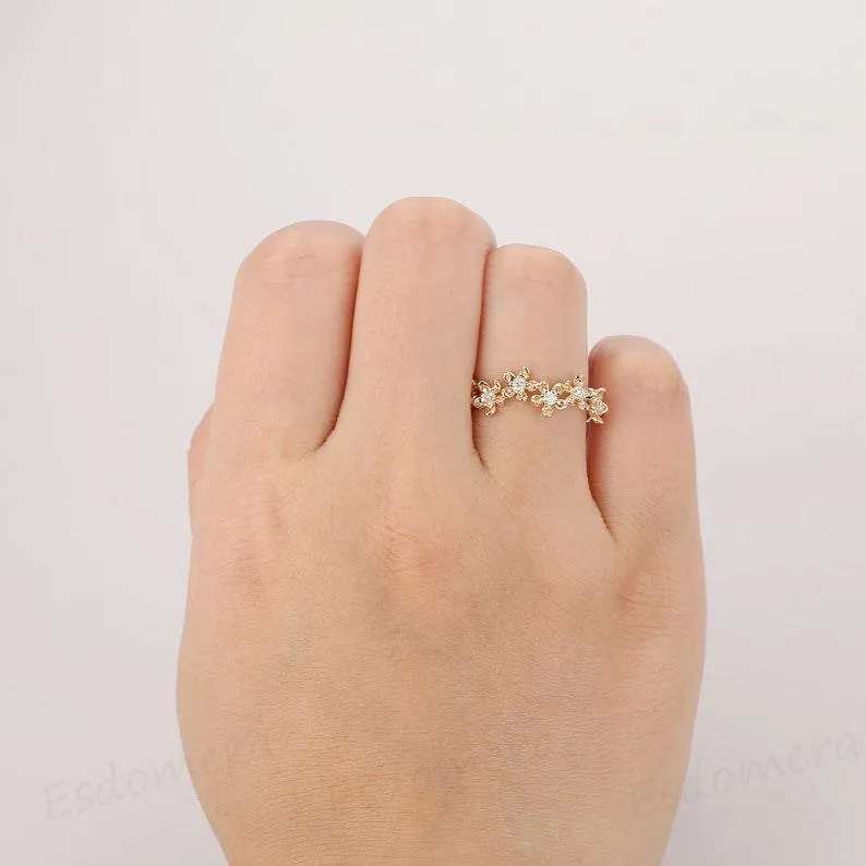 Vintage Floral Moissanite Ring 14K Yellow Gold Promise Ring For Her