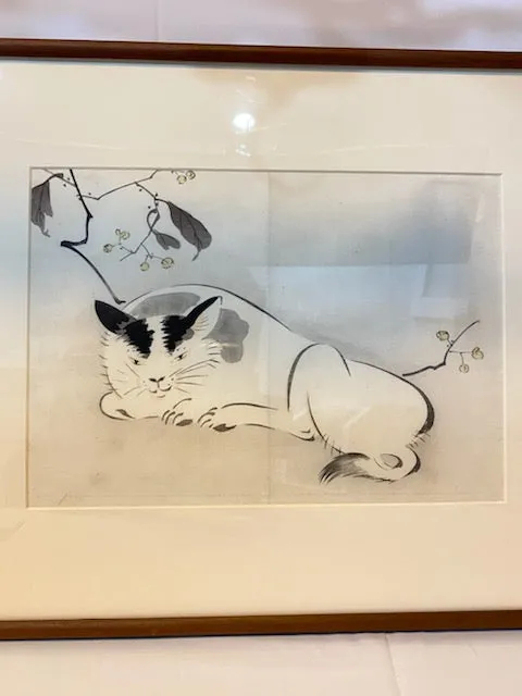 Vintage Japanese Bobtail Cat Framed Woodblock Print