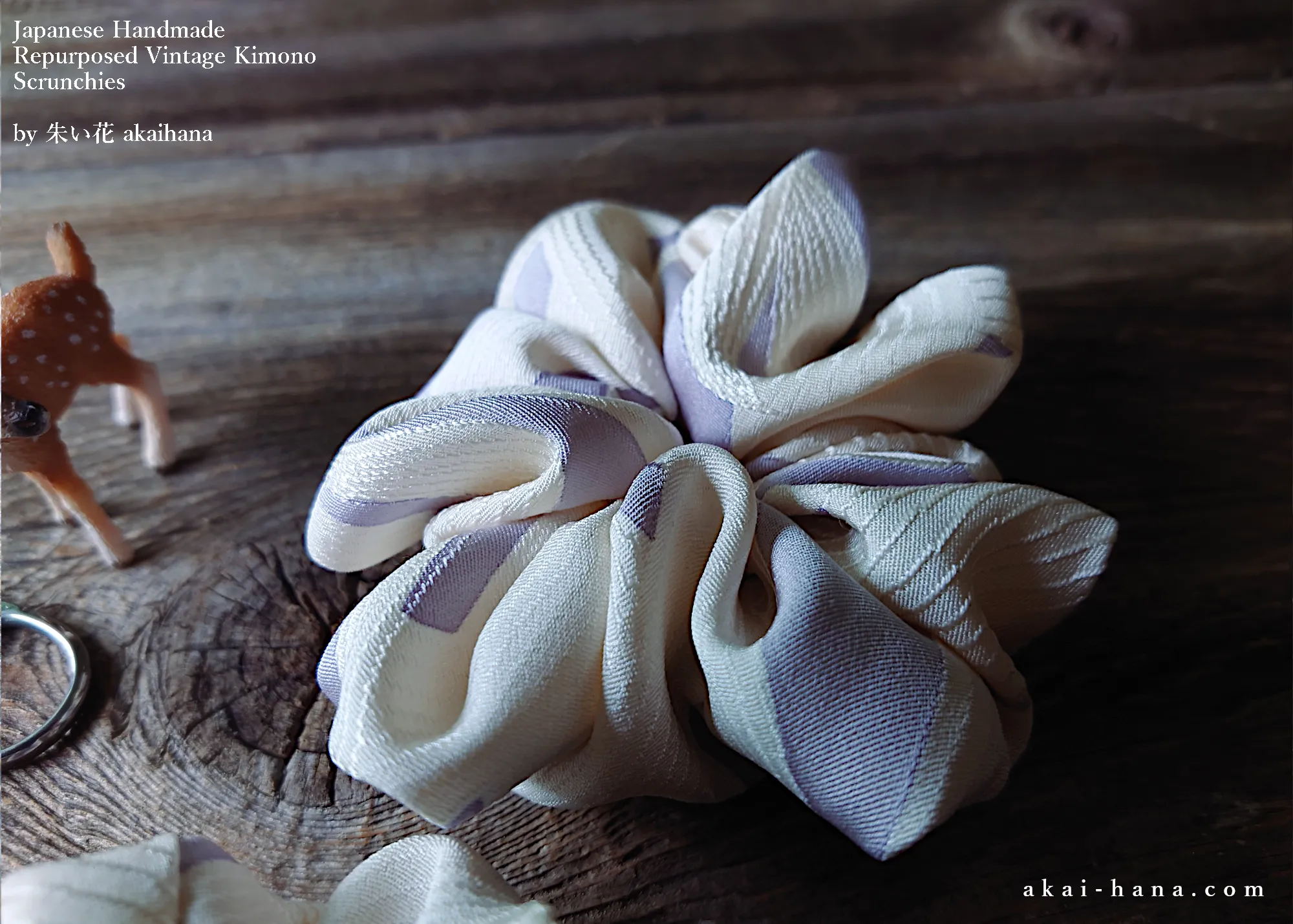 Vintage Kimono Scrunchies, Lilac x Cream, Japanese Handmade ⦿scvk0014