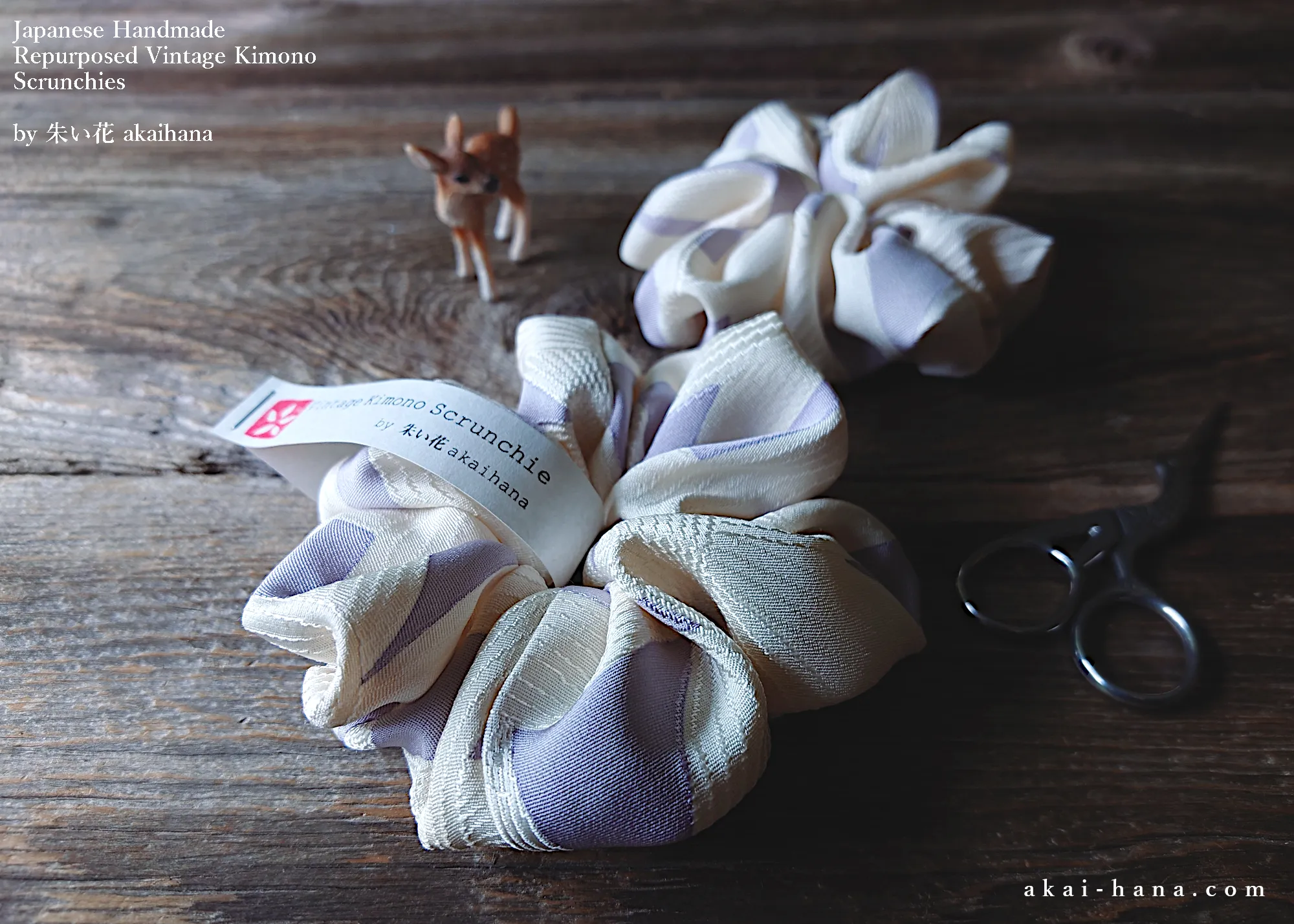 Vintage Kimono Scrunchies, Lilac x Cream, Japanese Handmade ⦿scvk0014