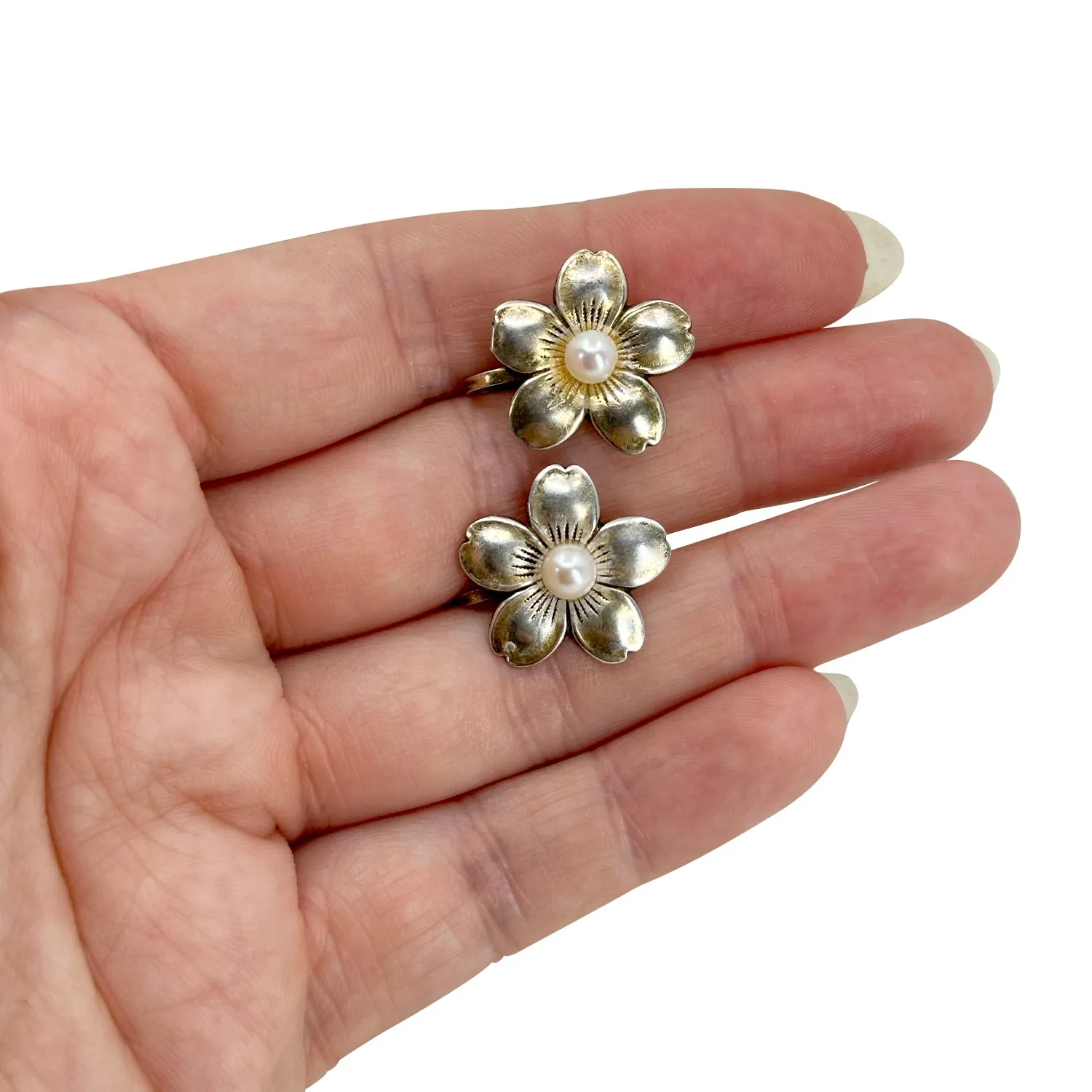 Vintage Sakura Cherry Blossom Akoya Saltwater Cultured Pearl Screwback Earrings- Sterling Silver