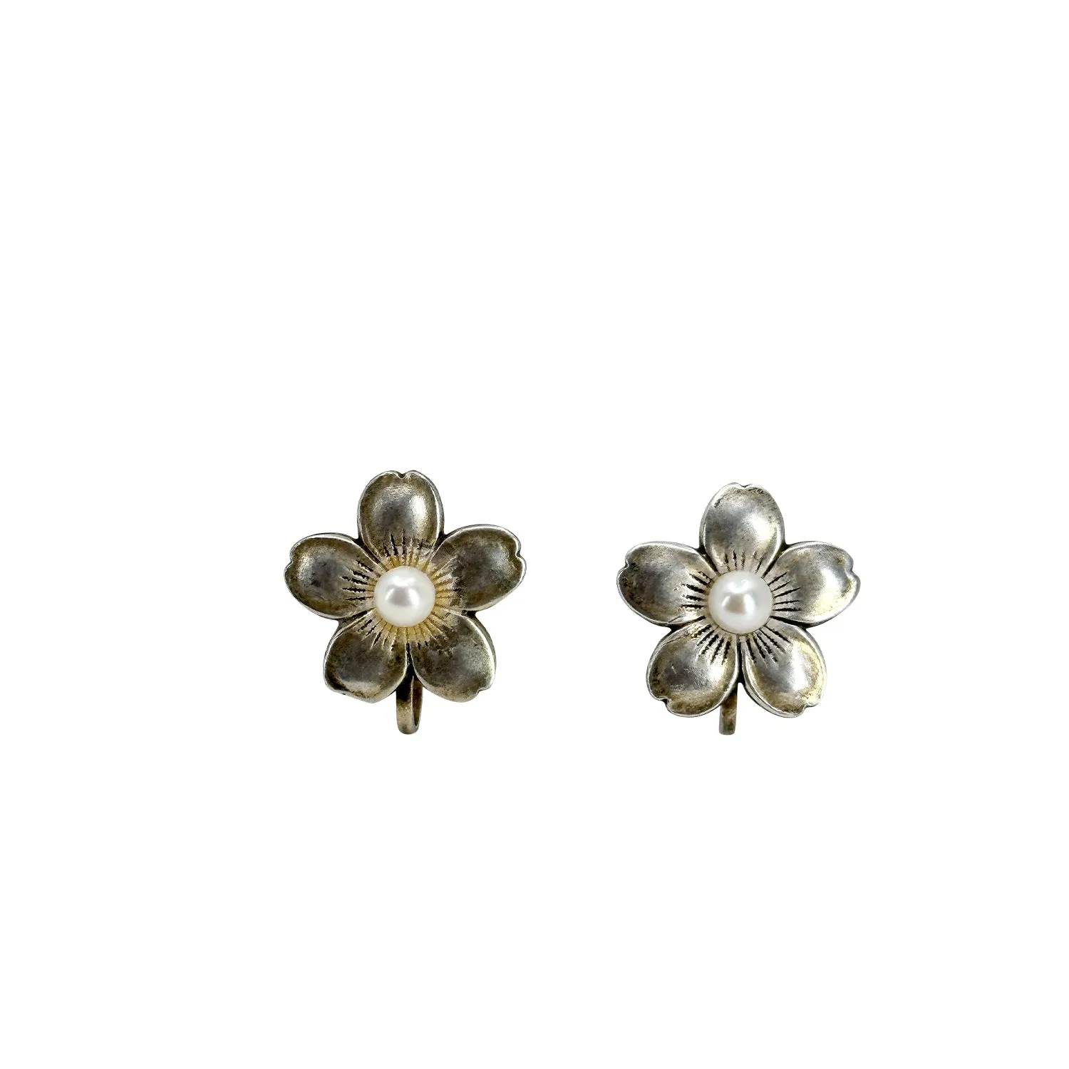 Vintage Sakura Cherry Blossom Akoya Saltwater Cultured Pearl Screwback Earrings- Sterling Silver